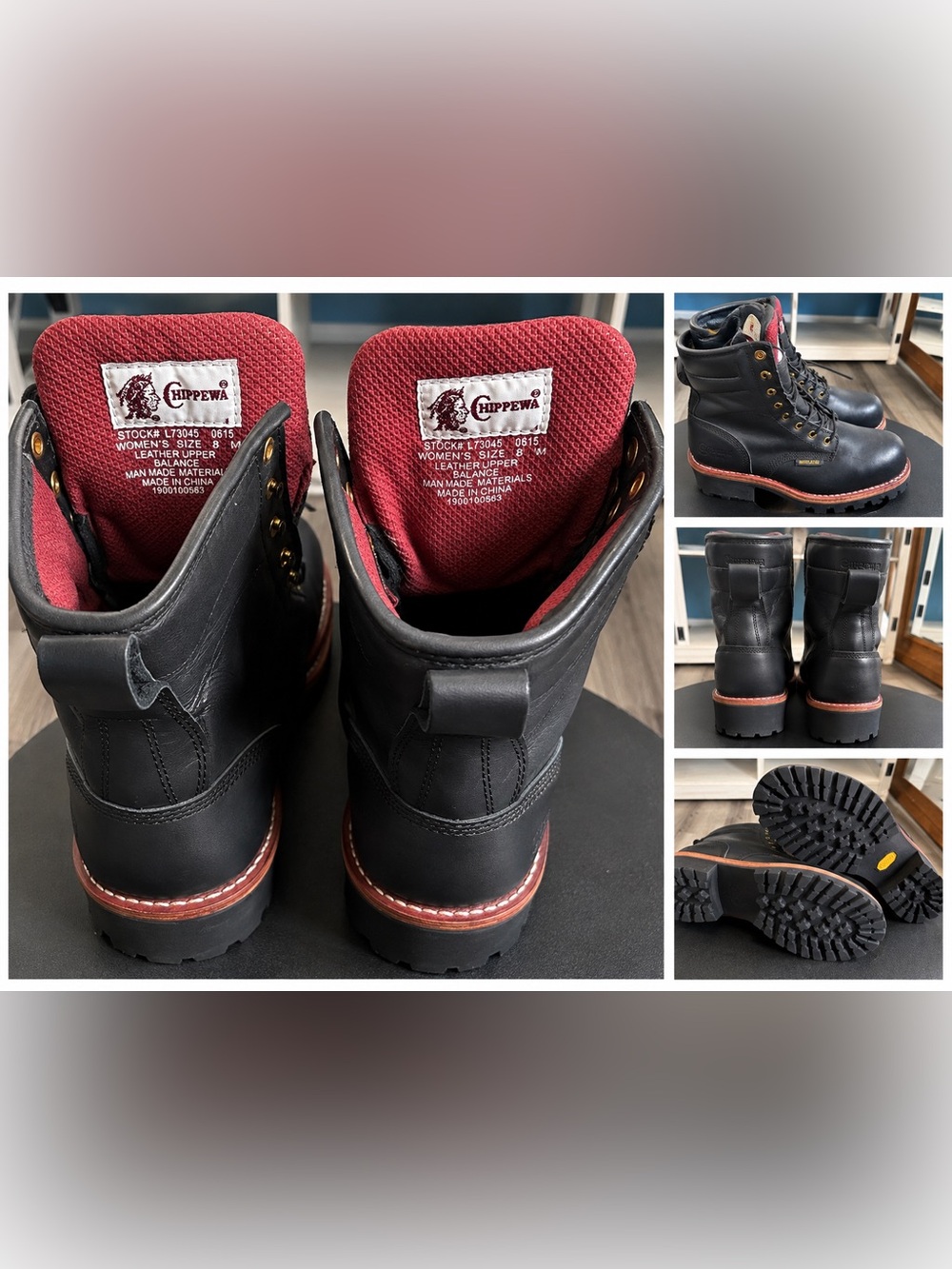 Chippewa Black Leather Boots with Red Lining and Brown Welt